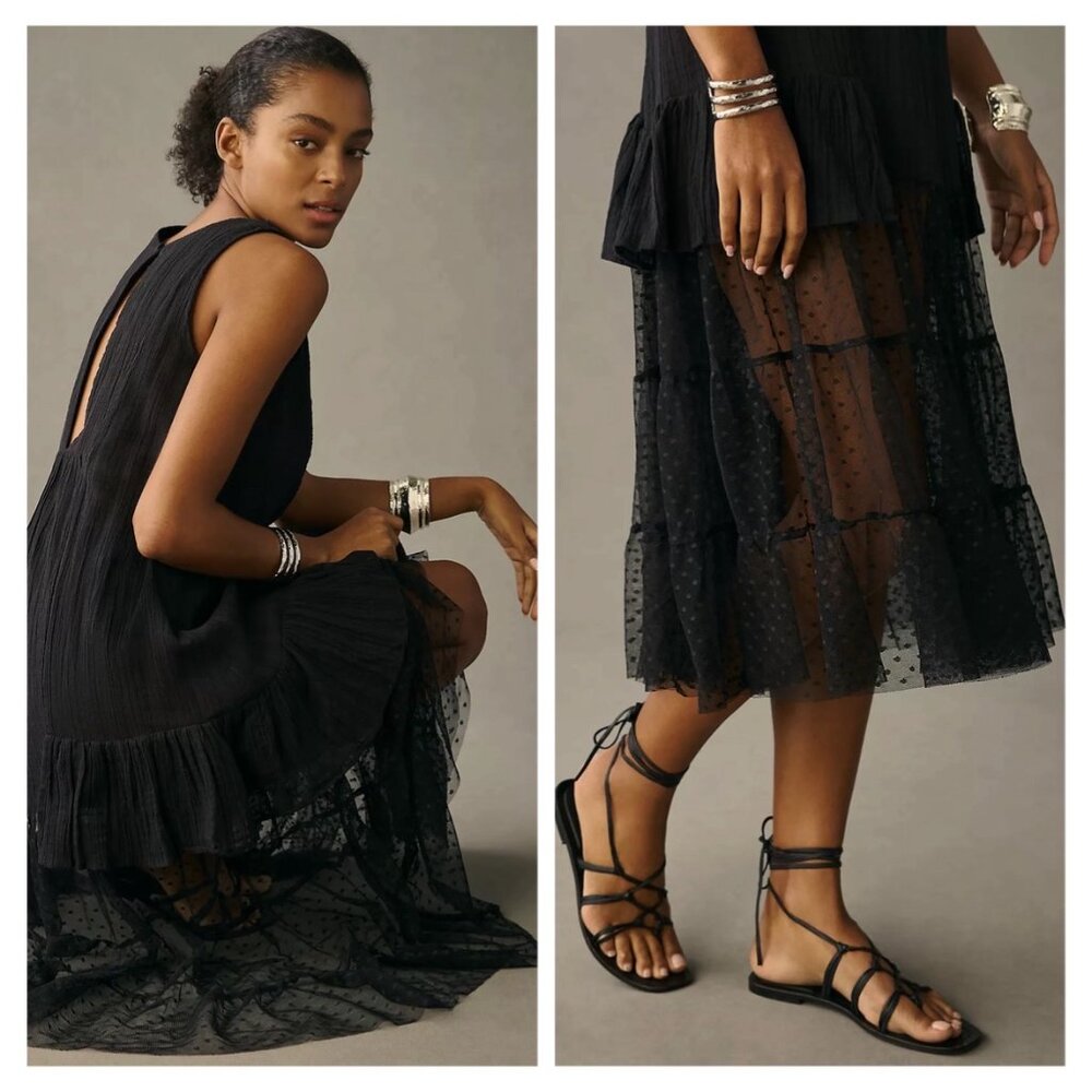 NWT Anthropologie Sheer Ruffled Tulle Dress in Black - Picture 2 of 6